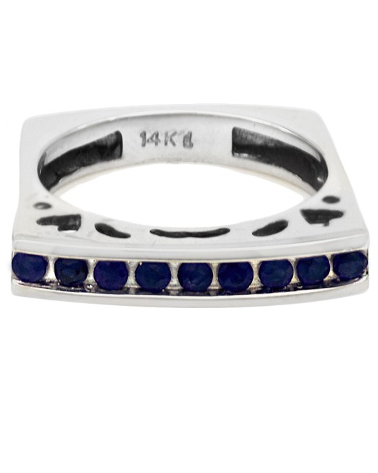 Single Row Blue Sapphire Cutout Square Shank Stackable Ring in White Gold